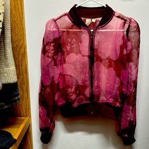 Anthropologie Pink Bomber Jacket Sheer Floral Design